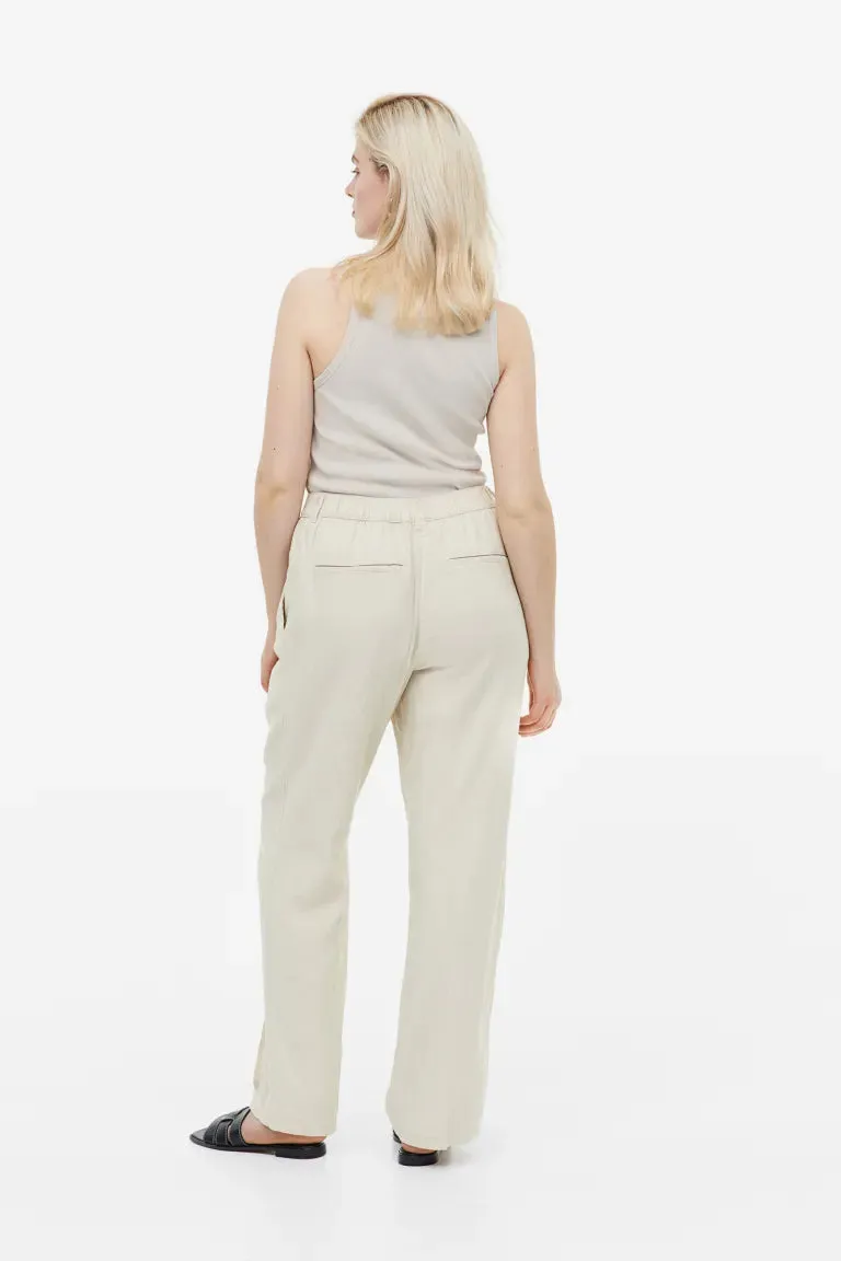 H&M Twill Linen Blend Trousers, Light Beige