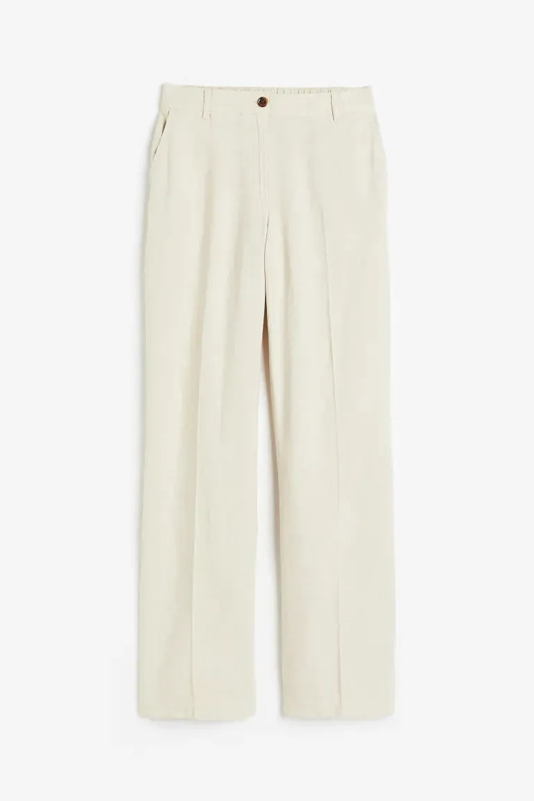 H&M Twill Linen Blend Trousers, Light Beige