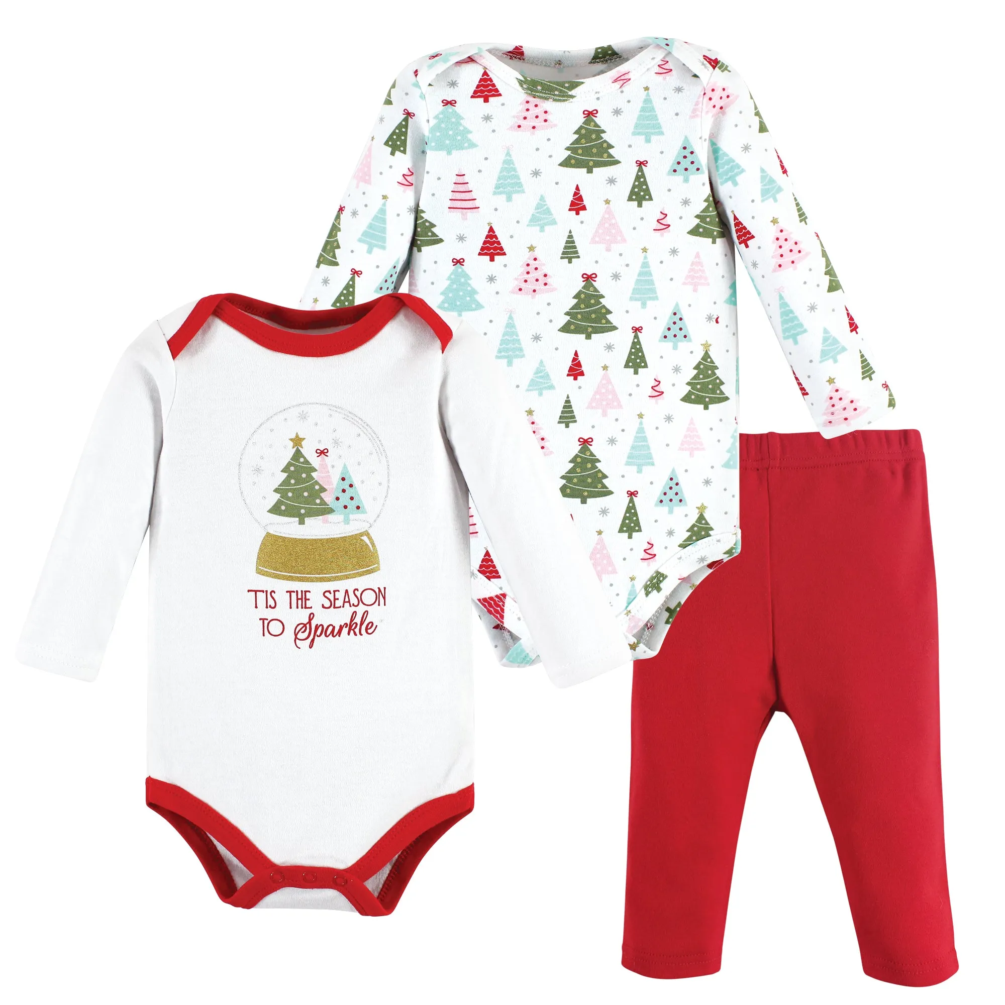 Hudson Baby Cotton Bodysuit and Pant Set, Red Sparkle Trees