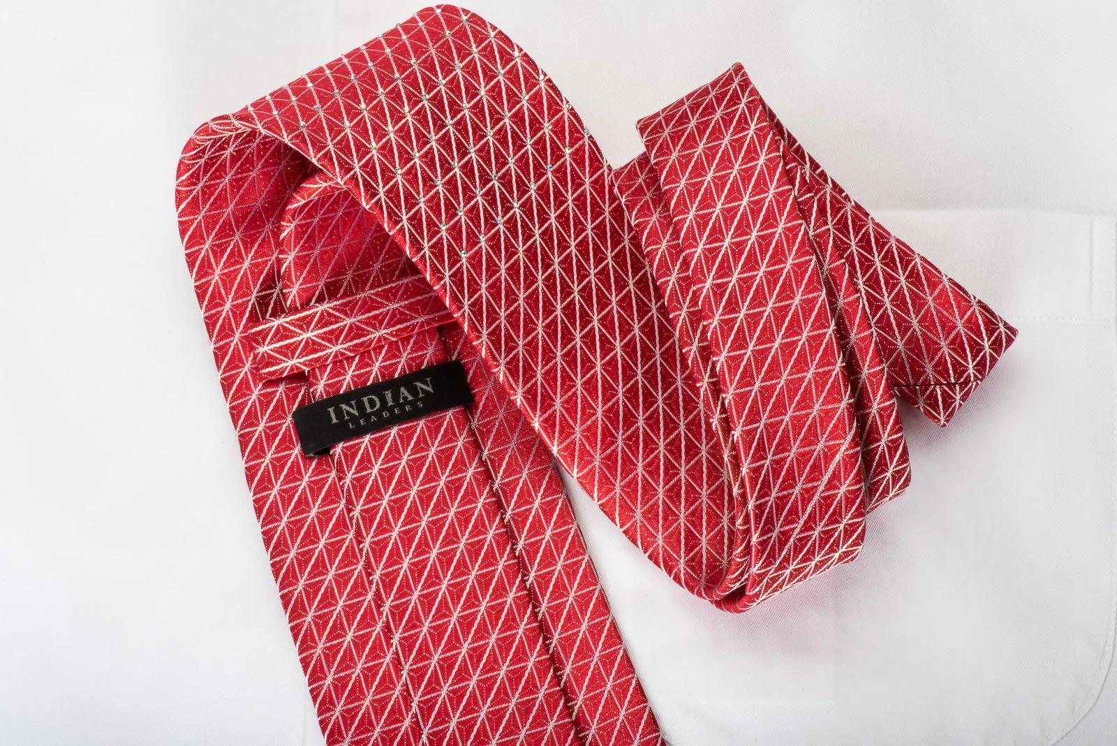 Indian Leaders Rhinestone Necktie Silver Trellis On Red With Silver Sparkles