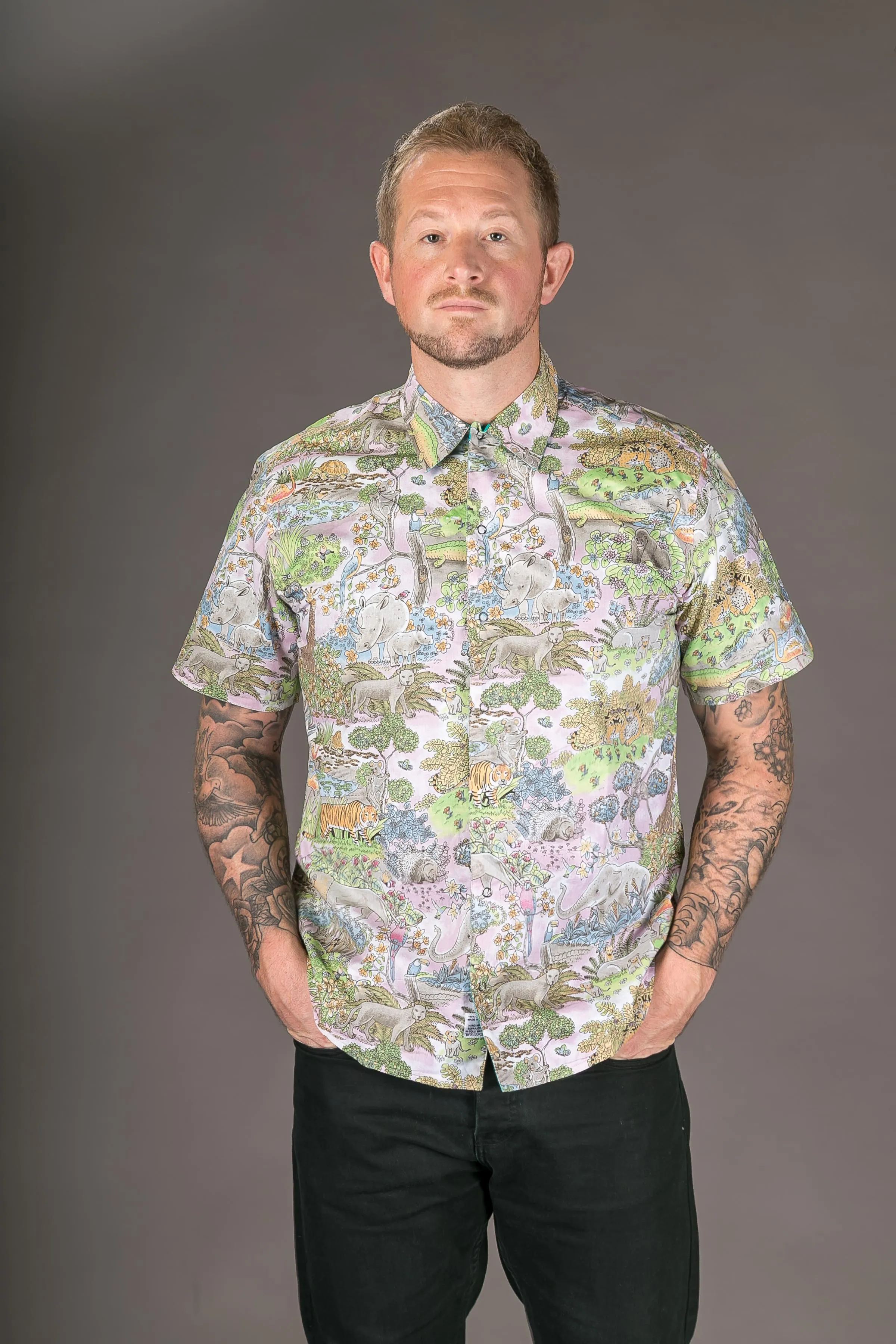 Jungle Pink Print Cotton Slim and Regular Fit Mens Shirt Short Sleeve