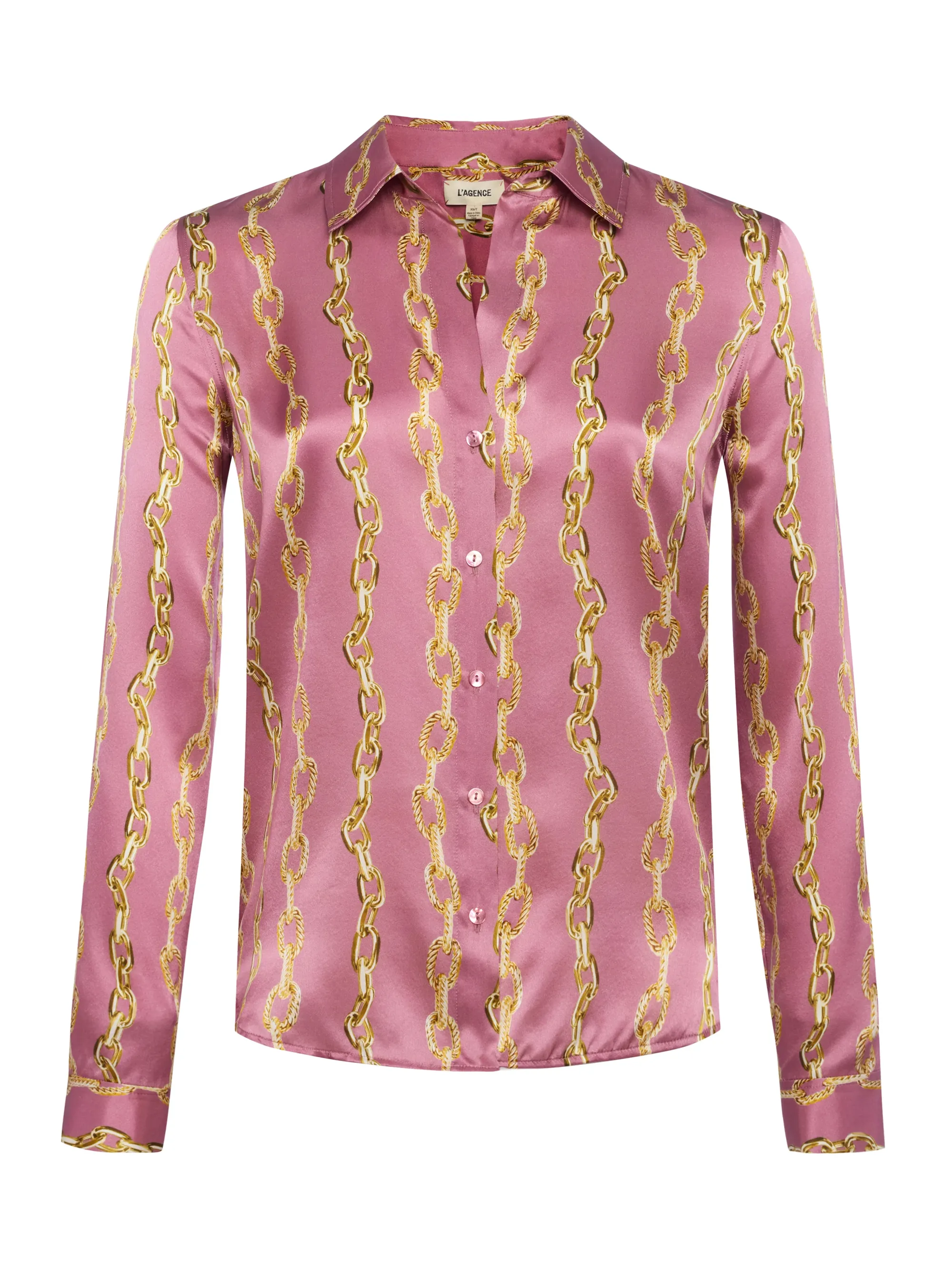 L'AGENCE Tyler Silk Blouse Mauve Rose Metallic Chain