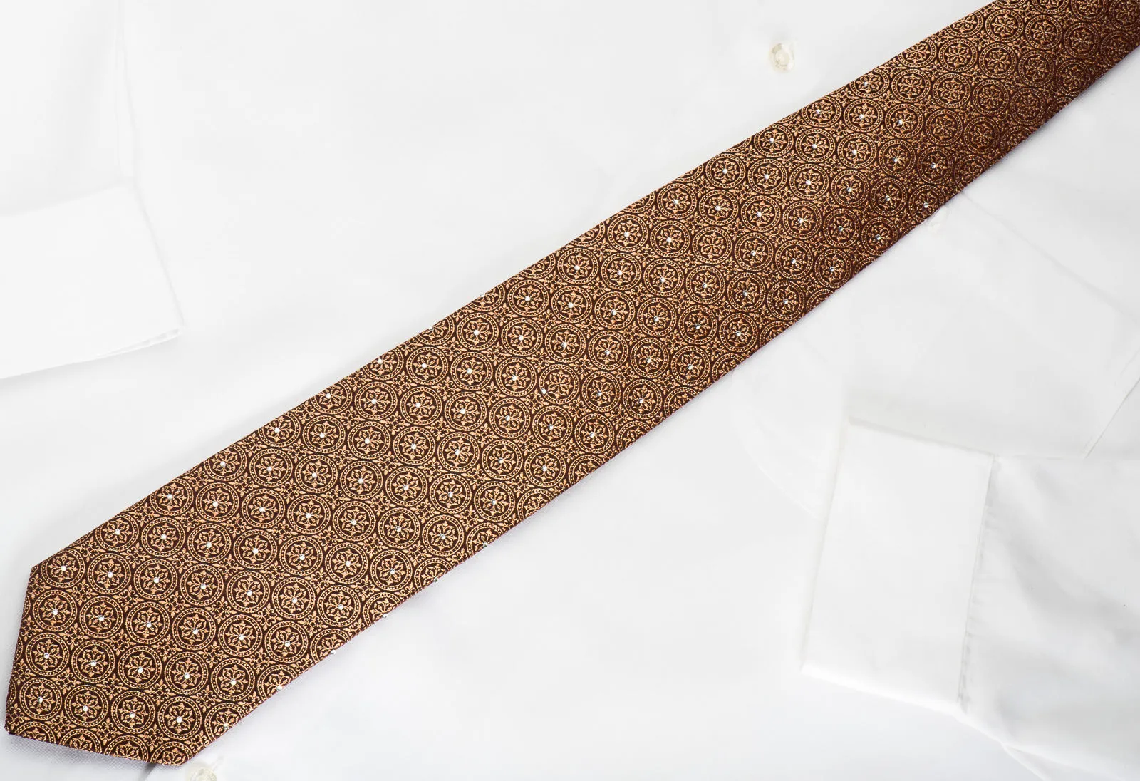 Leslie Vince Rhinestone Silk Necktie Flur de lis Medallions On Brown With Sparkles