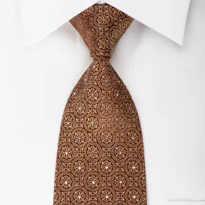 Leslie Vince Rhinestone Silk Necktie Flur de lis Medallions On Brown With Sparkles