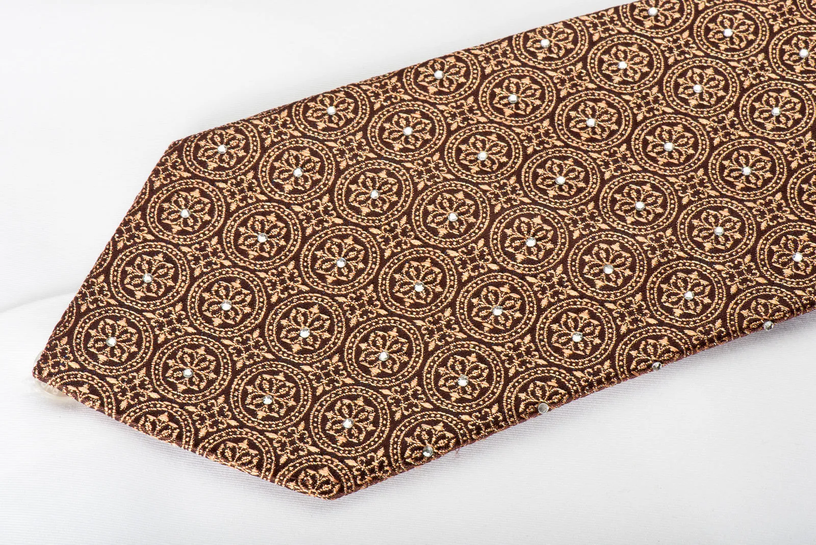 Leslie Vince Rhinestone Silk Necktie Flur de lis Medallions On Brown With Sparkles