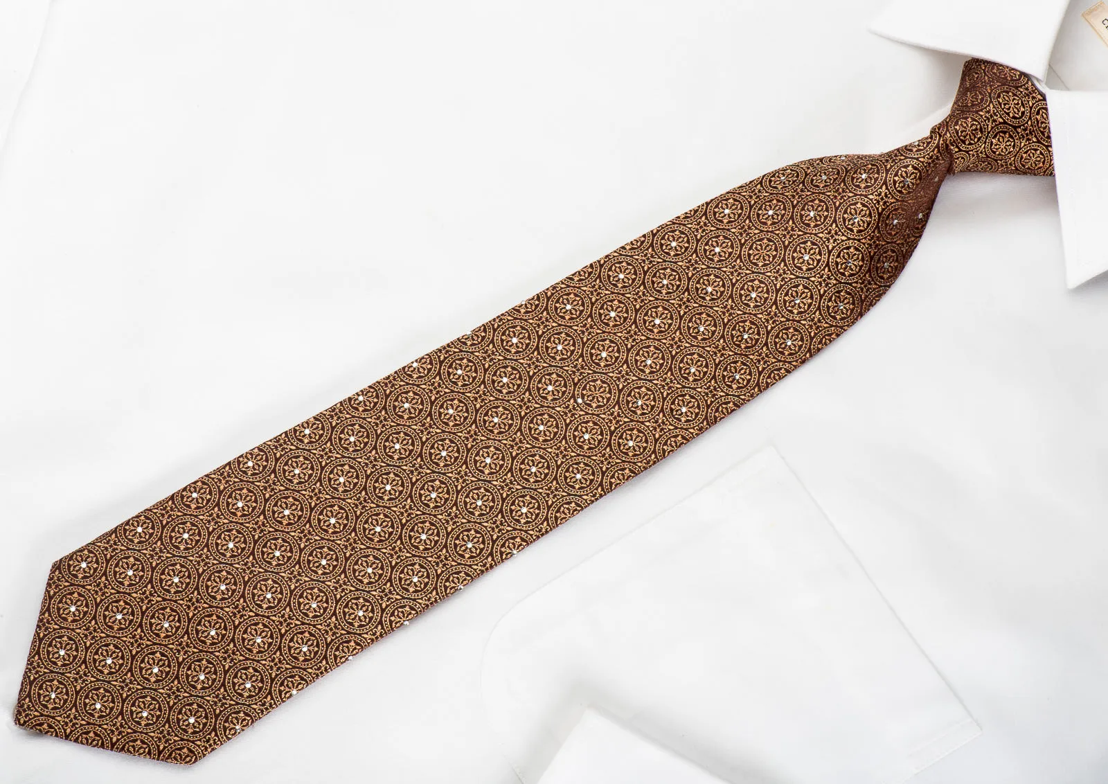 Leslie Vince Rhinestone Silk Necktie Flur de lis Medallions On Brown With Sparkles