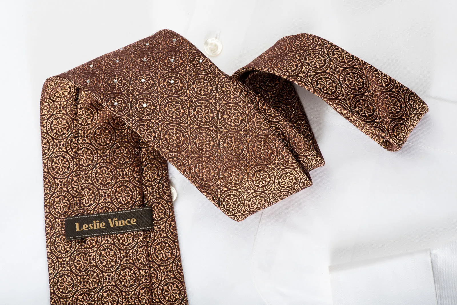 Leslie Vince Rhinestone Silk Necktie Flur de lis Medallions On Brown With Sparkles