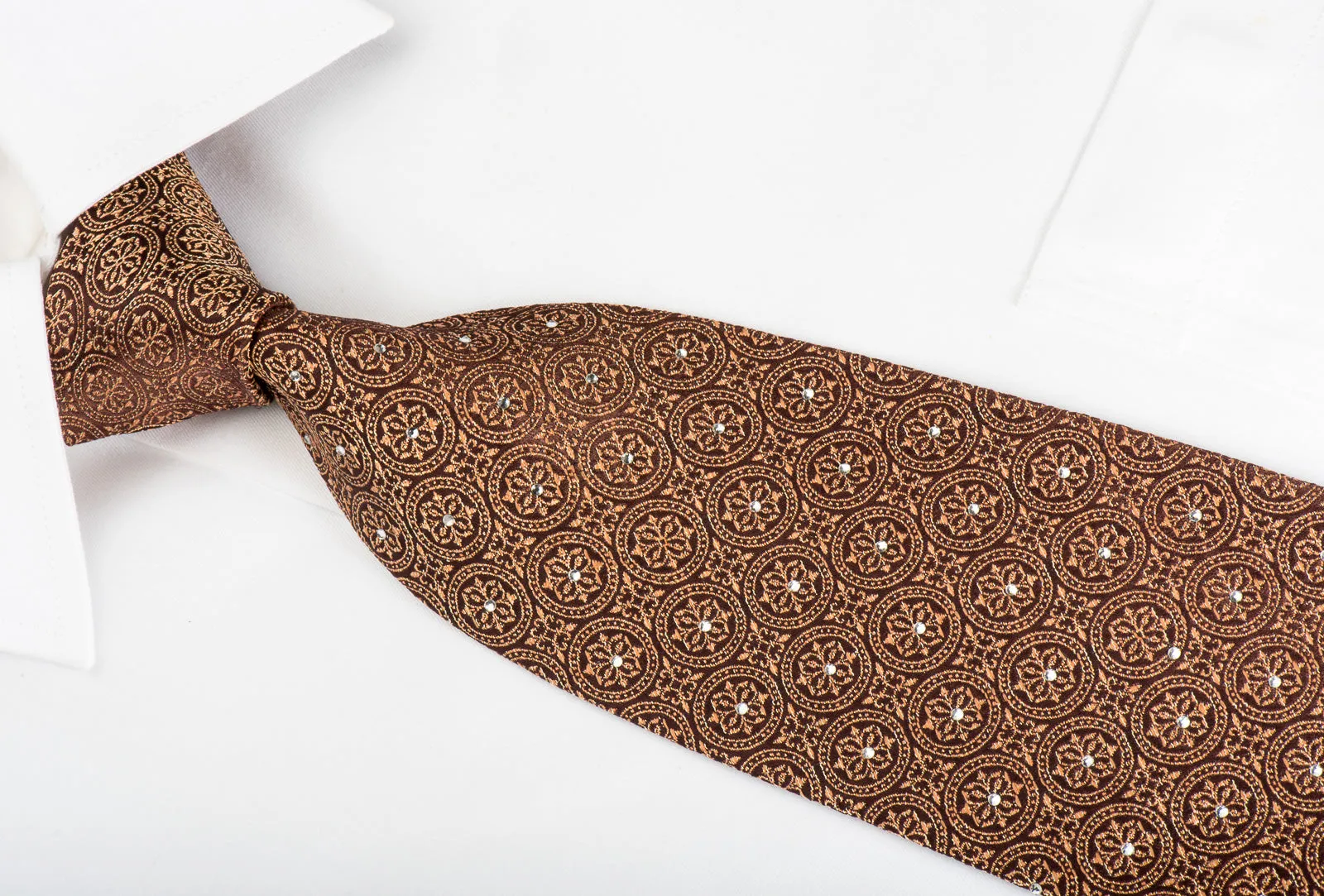 Leslie Vince Rhinestone Silk Necktie Flur de lis Medallions On Brown With Sparkles