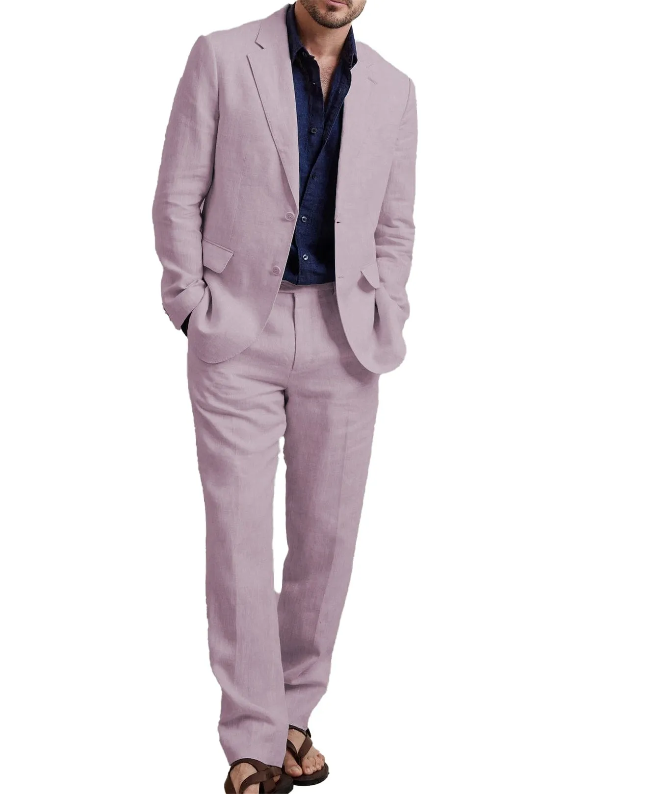 Linen Fashion Leisure Notch Lapel for Men Casual Suit (Blazer Pants）