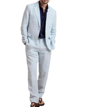 Linen Fashion Leisure Notch Lapel for Men Casual Suit (Blazer Pants）