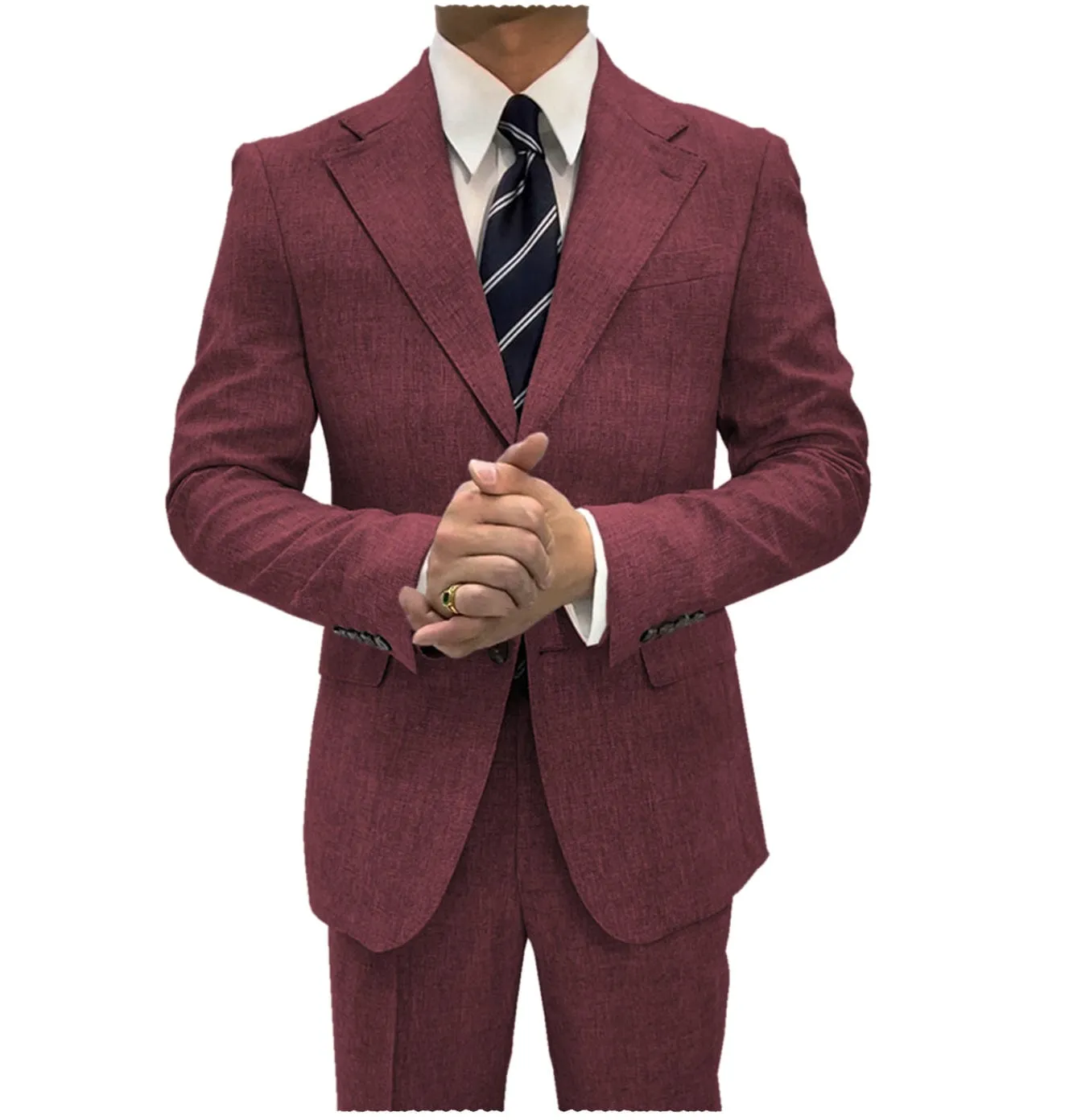 Linen Suits For Men Business 2 Piece Fit Casual Notch Lapel Summer Grooms (Blazer Pants)