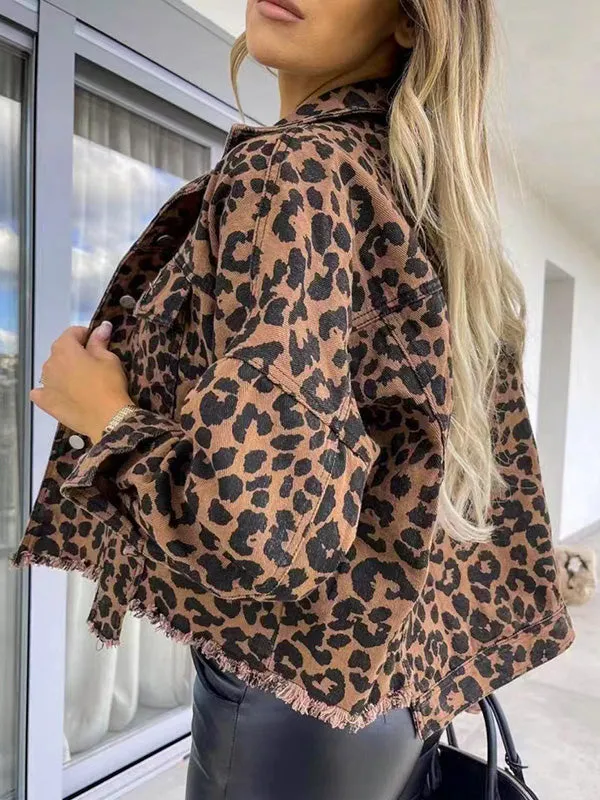 Long Sleeves Loose Buttoned Fringed Leopard Pockets Lapel Outerwear