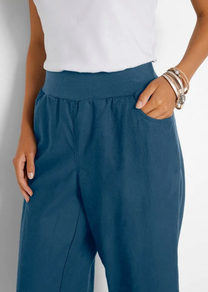 Loose linen trousers with a comfortable belt, 3/4 length Bpc Bonprix Collection, blue