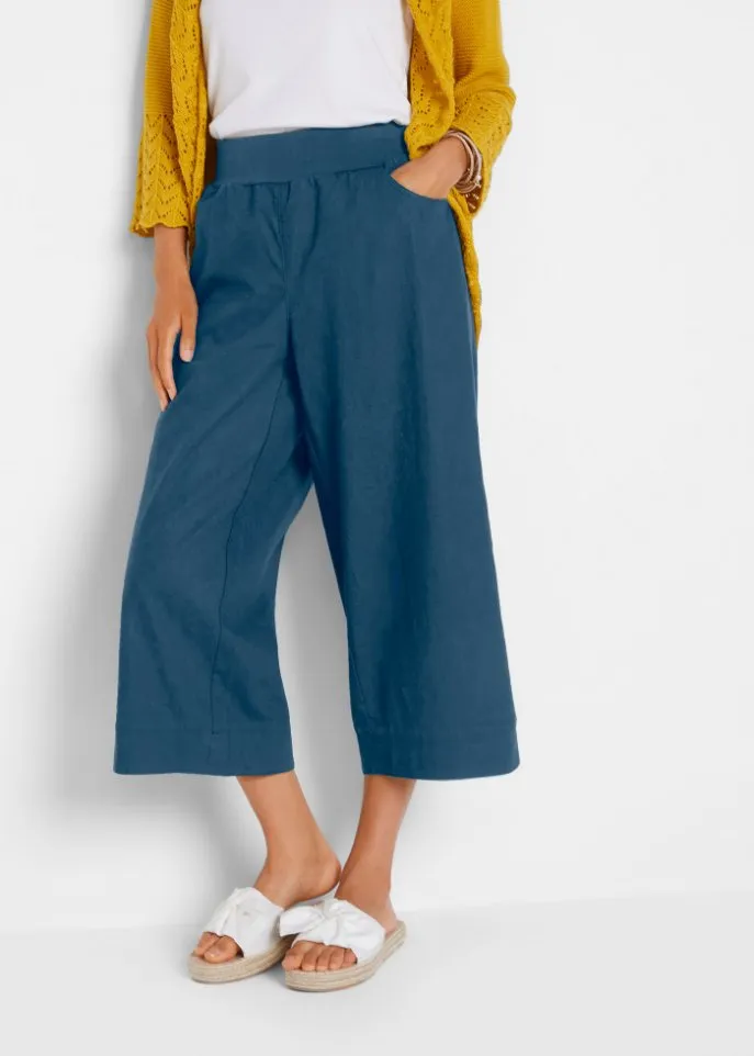 Loose linen trousers with a comfortable belt, 3/4 length Bpc Bonprix Collection, blue