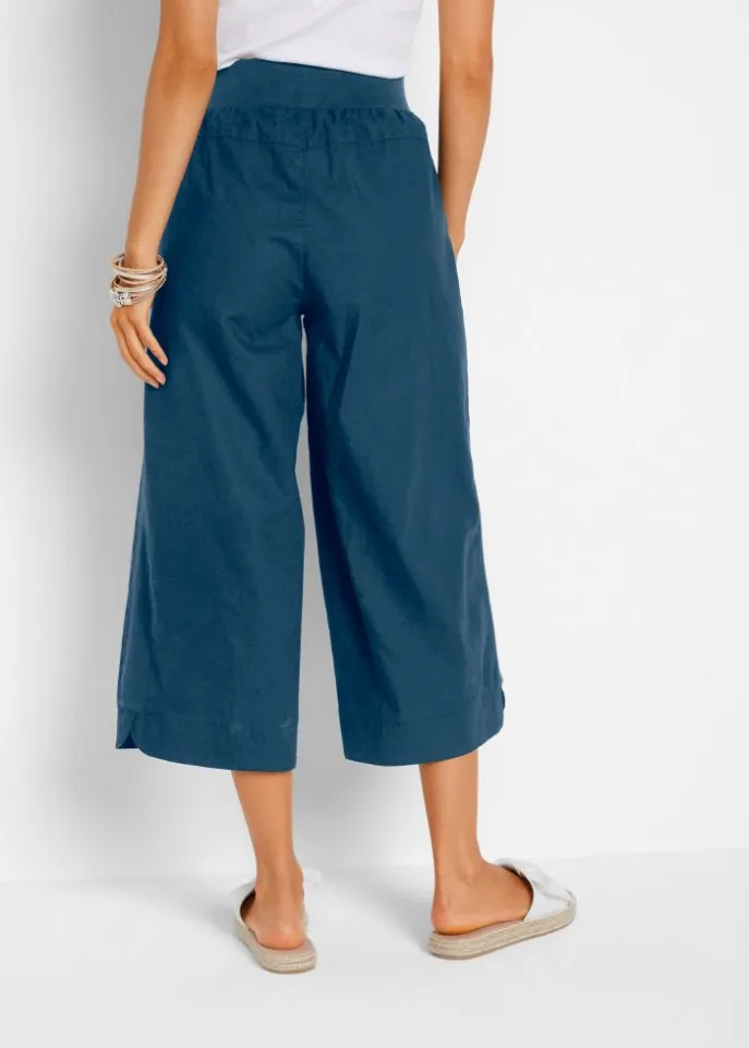 Loose linen trousers with a comfortable belt, 3/4 length Bpc Bonprix Collection, blue