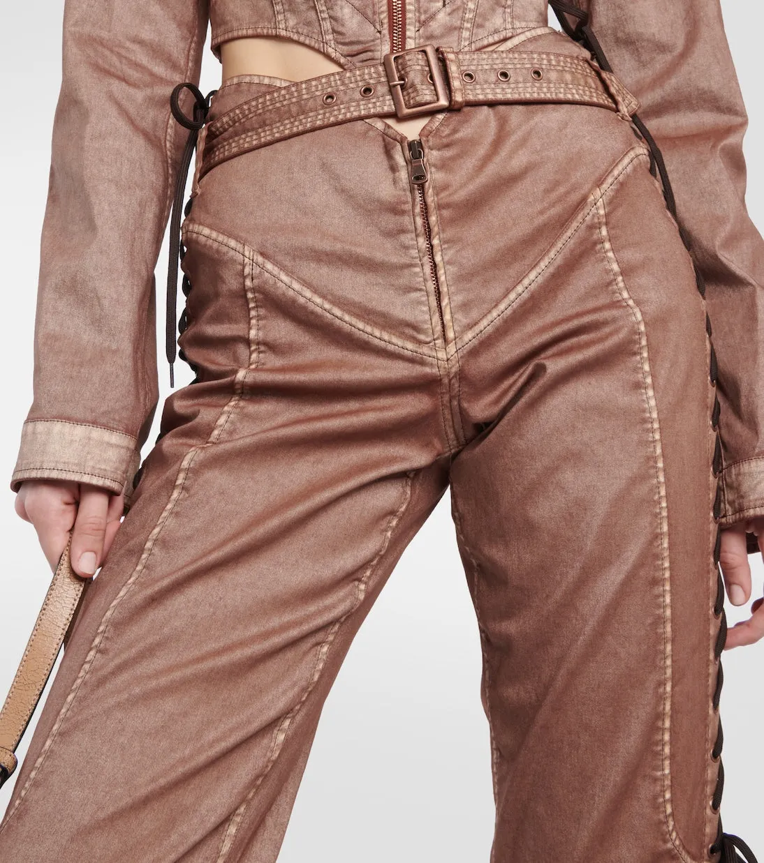 Low-rise denim corset trousers from the knwls Jean Paul Gaultier collaboration brown