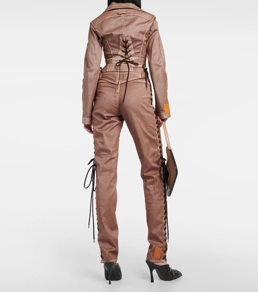 Low-rise denim corset trousers from the knwls Jean Paul Gaultier collaboration brown