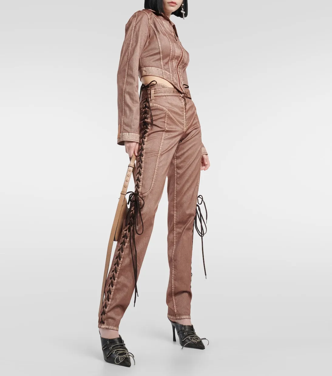 Low-rise denim corset trousers from the knwls Jean Paul Gaultier collaboration brown