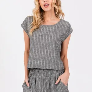 Malina Striped Boxy Crop Top in Charcoal