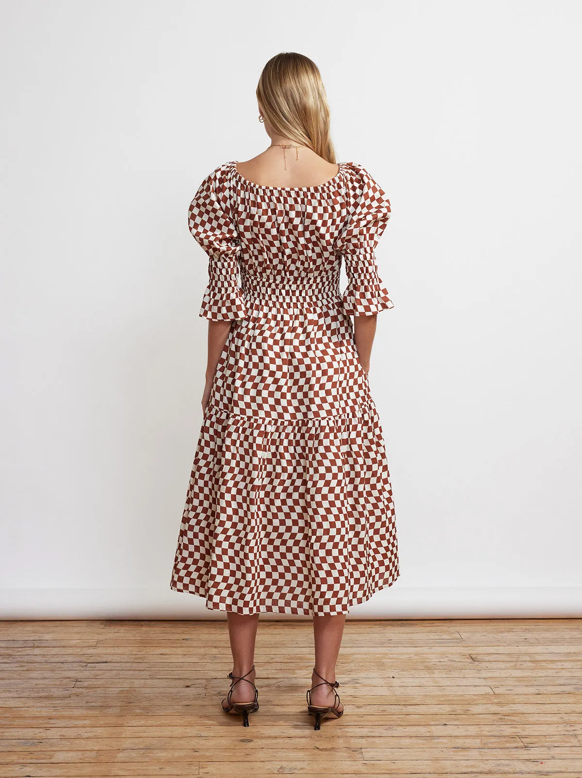 Margot Brown Wavy Checker Midi Dress