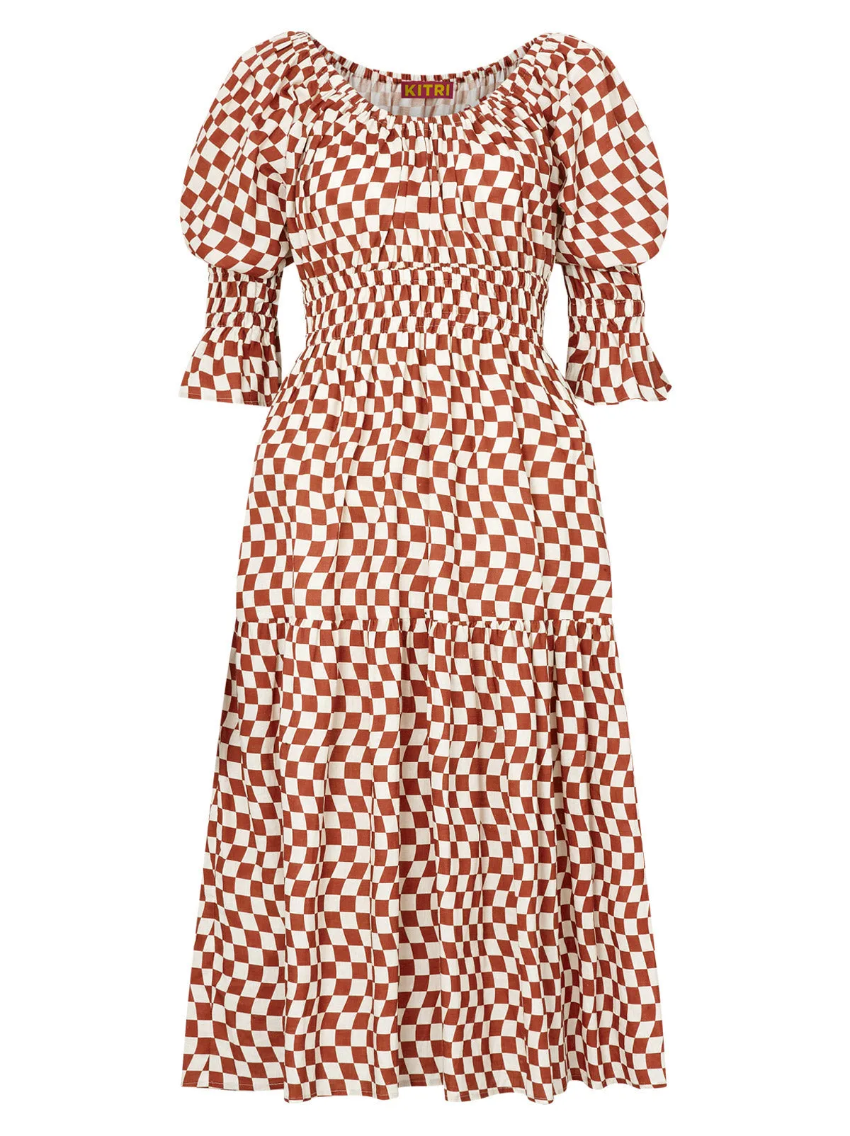 Margot Brown Wavy Checker Midi Dress