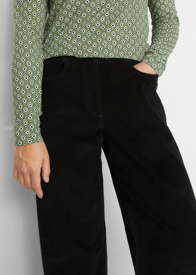 Marlene stretch wide leg trousers with corduroy belt with high waist Bpc Bonprix Collection black