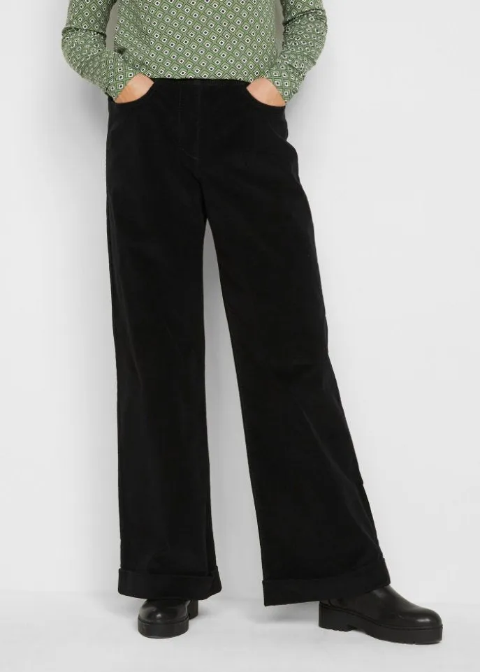 Marlene stretch wide leg trousers with corduroy belt with high waist Bpc Bonprix Collection black