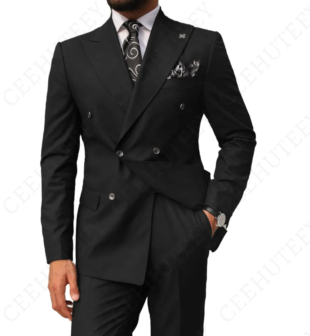 Mens 2 Pieces Suit Slim Fit Business Double Breasted Peak Lapel Tuxedos (Blazer Pants)