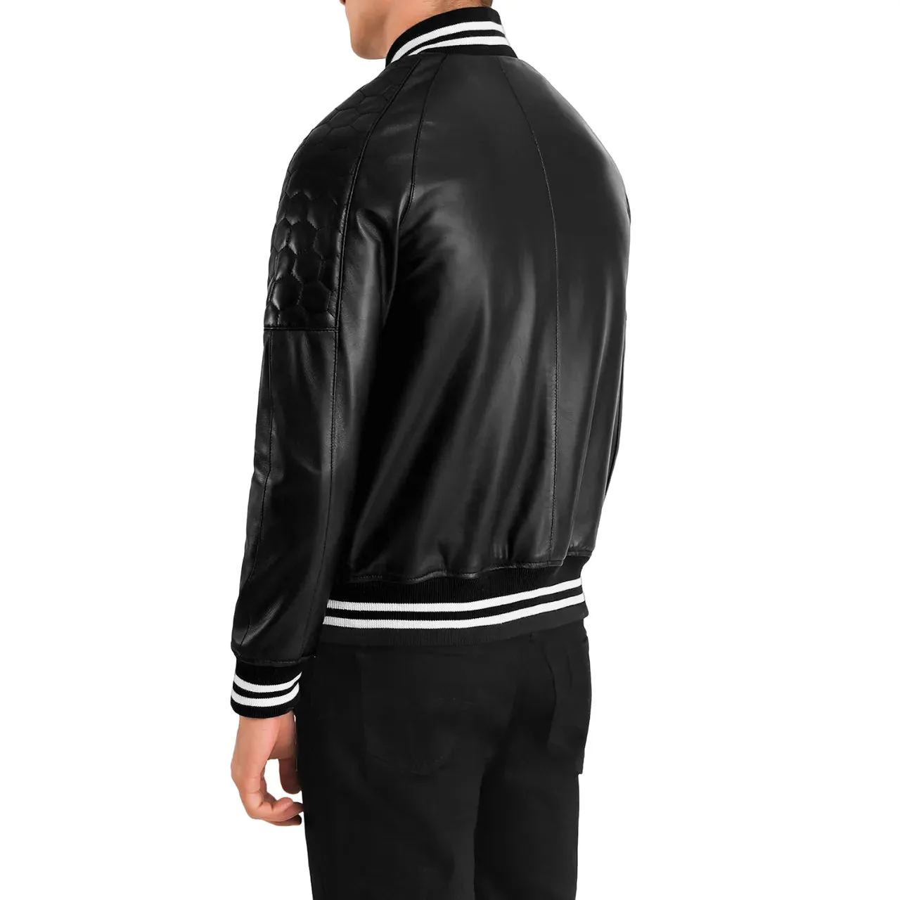 Mens Black Leather Zip Up Varsity Jacket