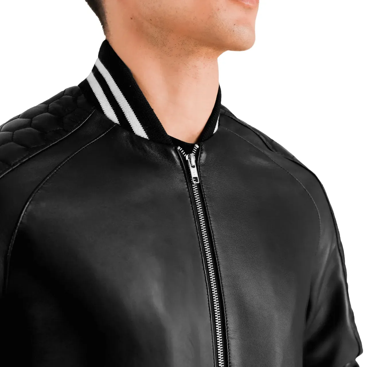 Mens Black Leather Zip Up Varsity Jacket