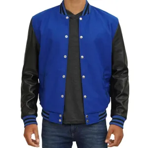 Mens Blue And Black Leather Varsity Jacket