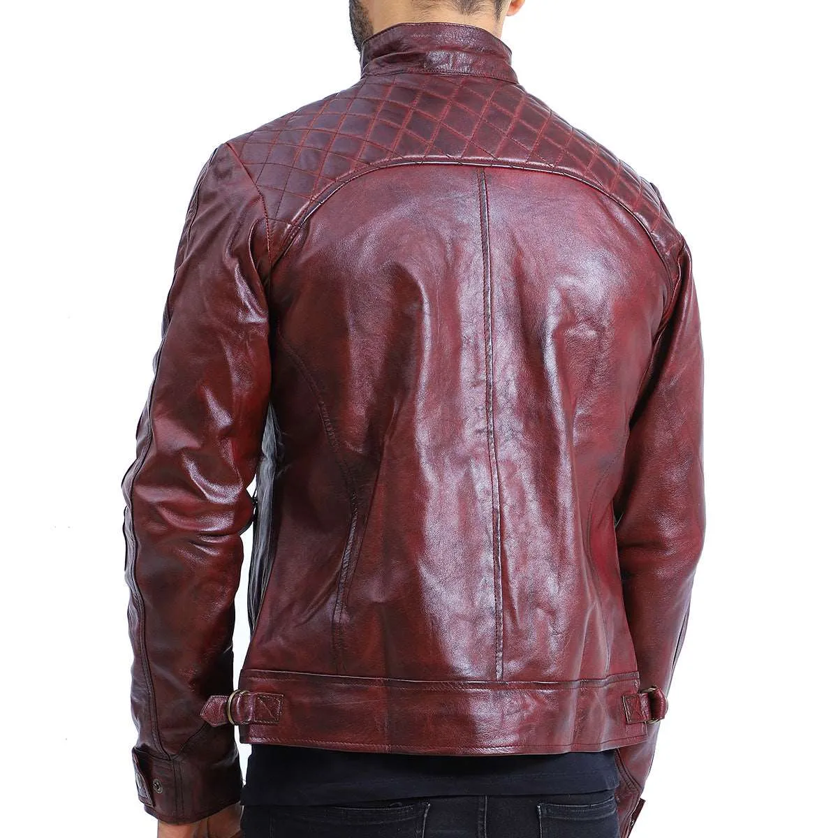 Men's Quilted Maroon Cafe Racer Leather Jacket