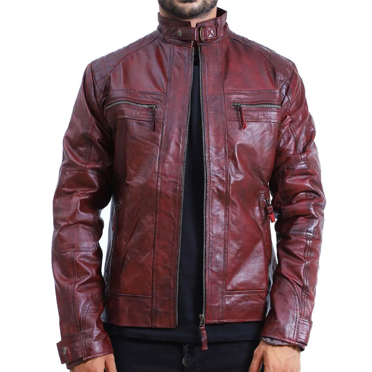 Men's Quilted Maroon Cafe Racer Leather Jacket