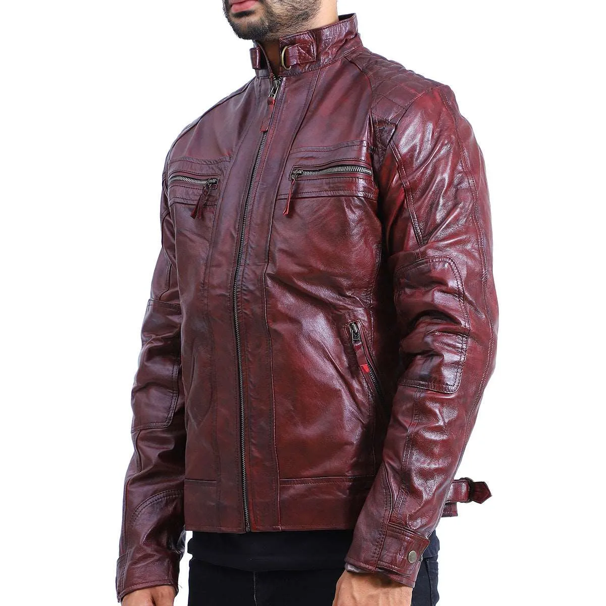 Men's Quilted Maroon Cafe Racer Leather Jacket