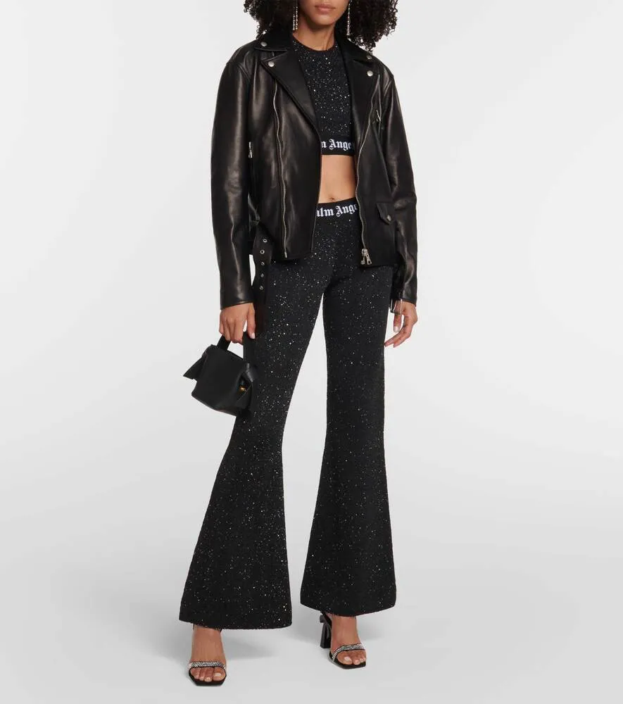 Mid-rise flared trousers with PALM ANGELS print, black