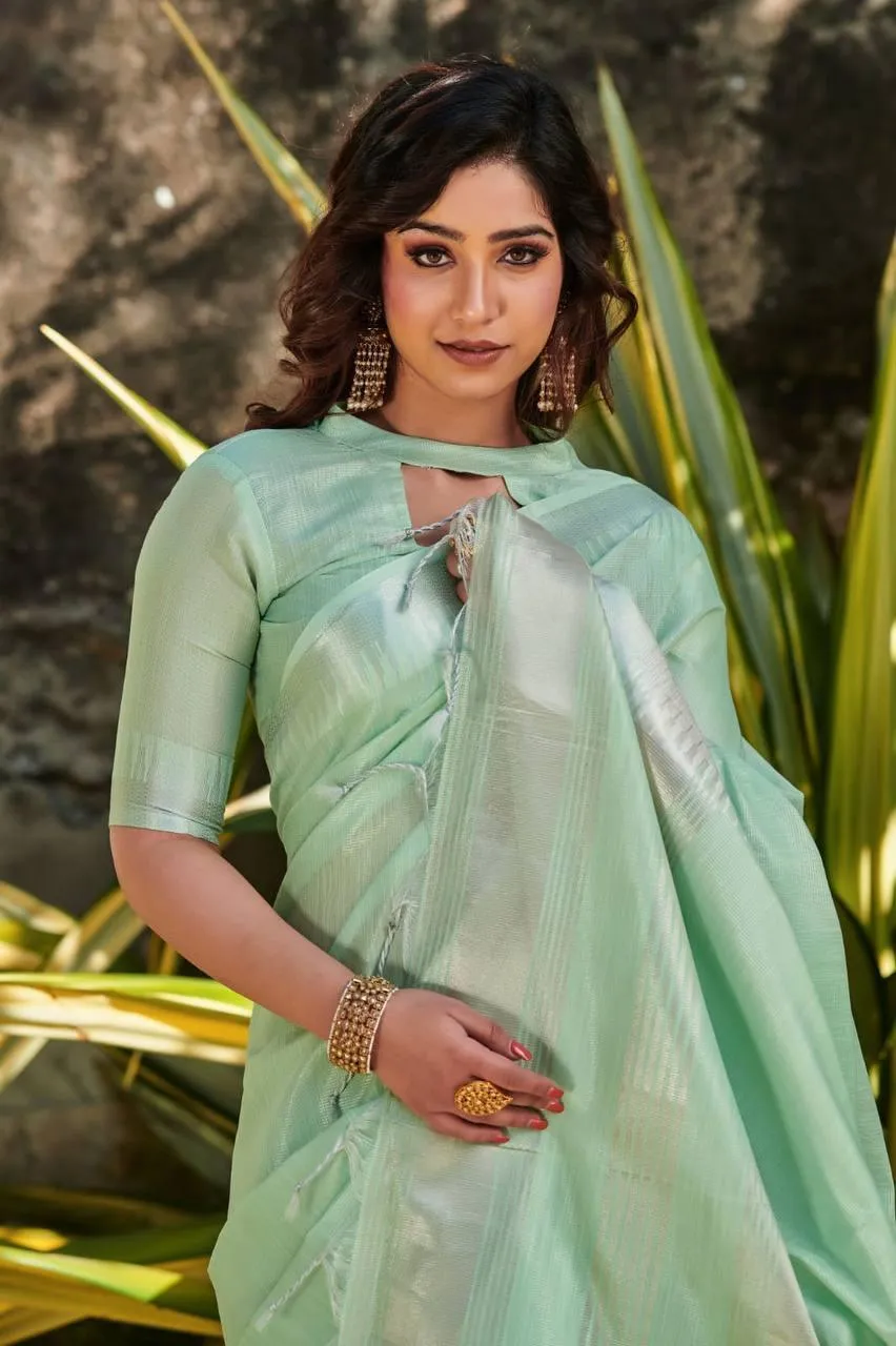 Mint Green Linen Tissue Silk  Saree