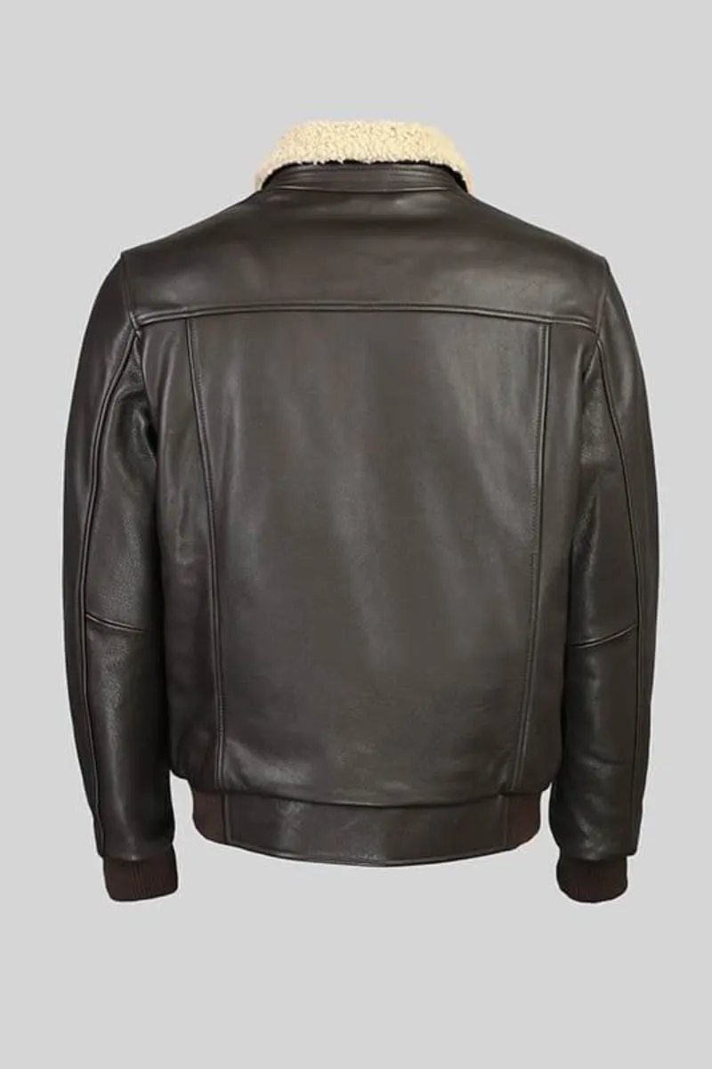 Novado - Bomber Full Grain Leather Jacket With Fur Collar - Choco Brown & Black - 1 Piece