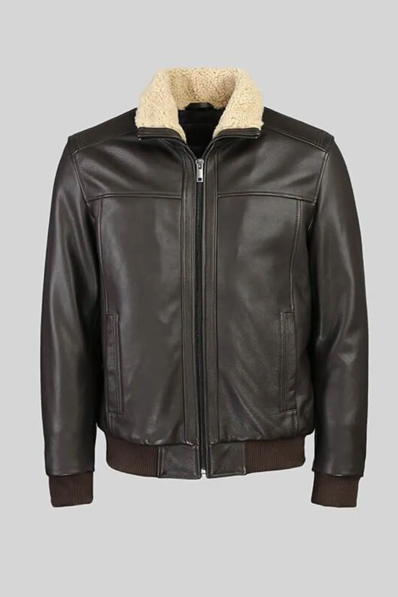 Novado - Bomber Full Grain Leather Jacket With Fur Collar - Choco Brown & Black - 1 Piece