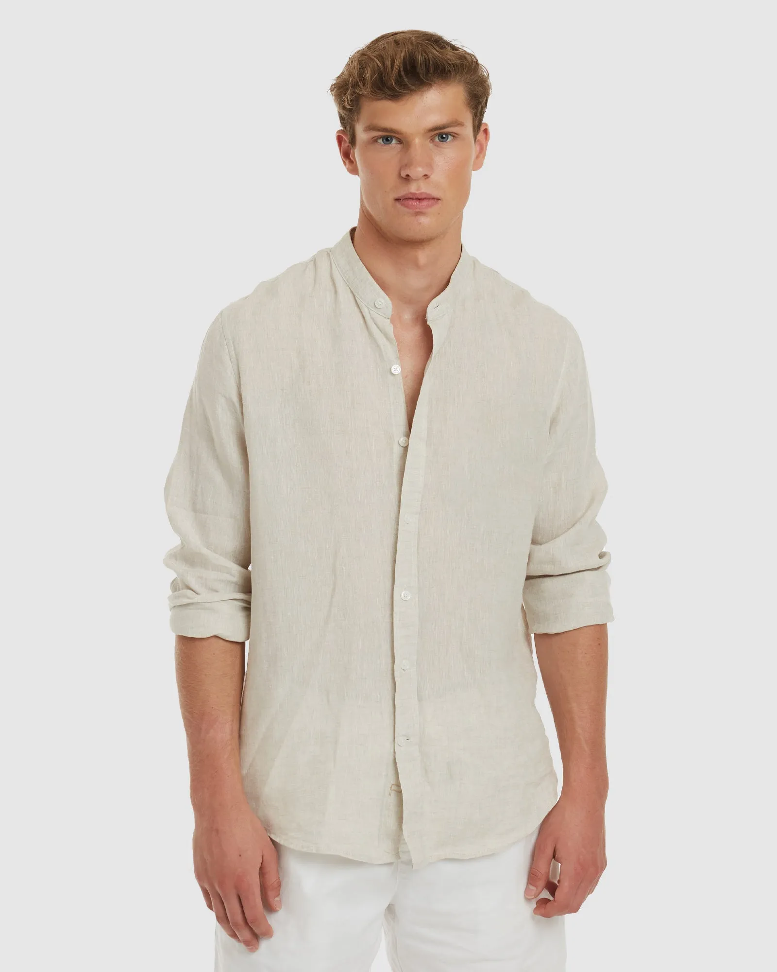 Palma-Casual Sand Mandarin Collar Linen Shirt