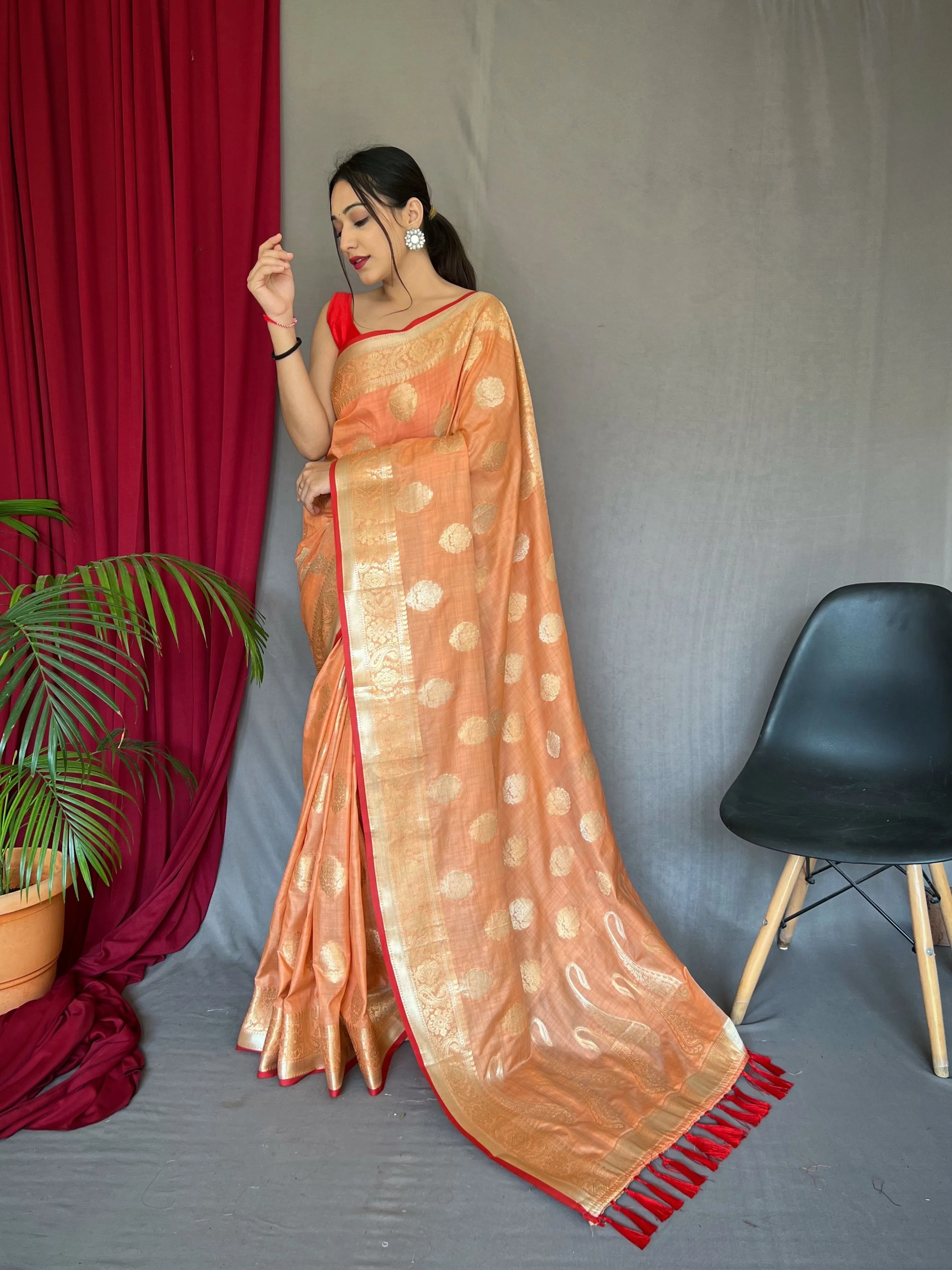 Peach Saree in Cotton Silk