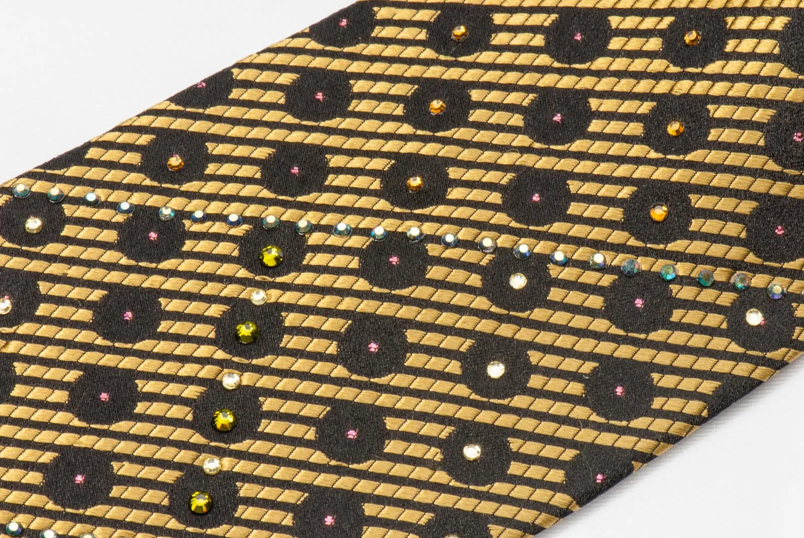 Pierre Cardin Rhinestone Silk Necktie Black Dots On Gold With Silver Sparkles