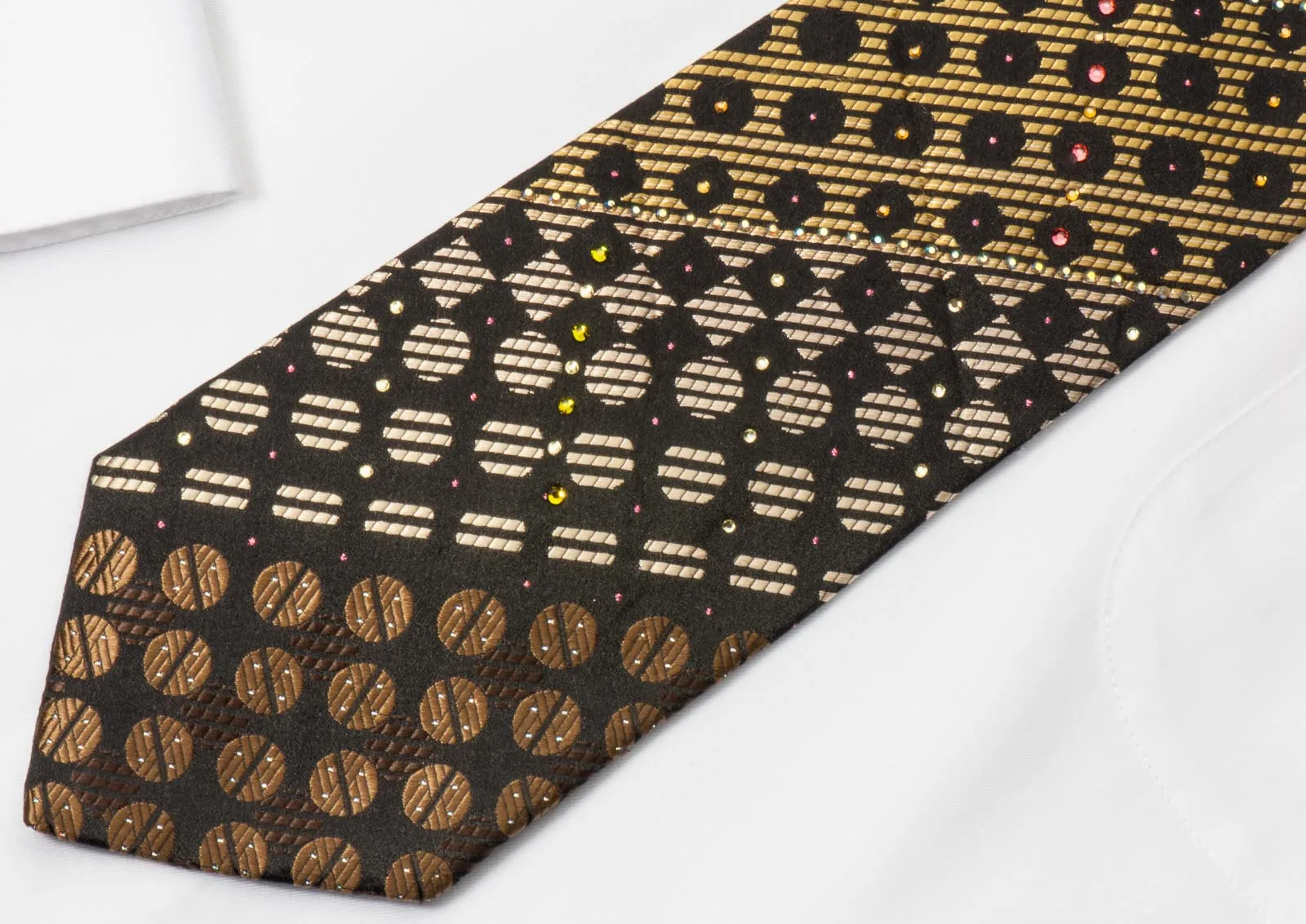 Pierre Cardin Rhinestone Silk Necktie Black Dots On Gold With Silver Sparkles