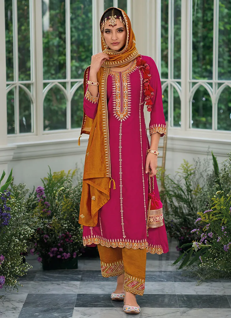 Pink And Yellow Embroidery Traditional Salwar Kameez