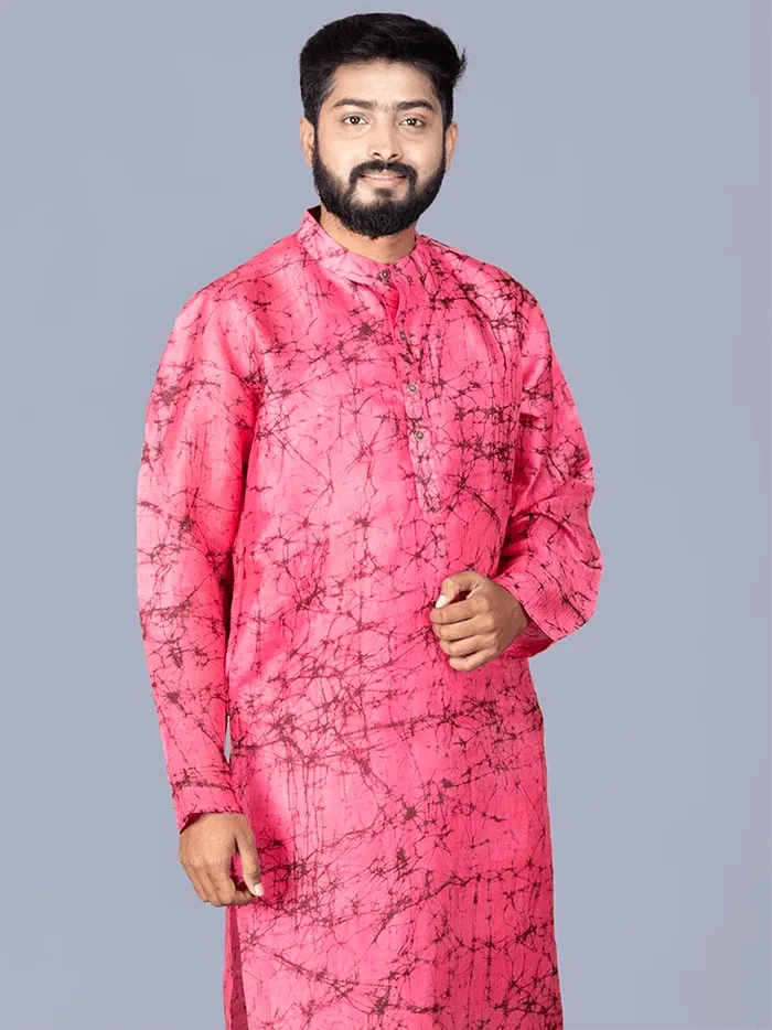 Pink Batik Printed Pure Silk Men Kurta