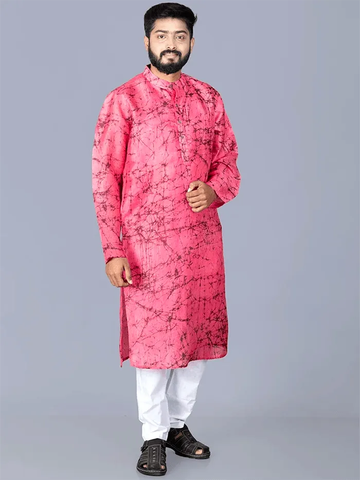 Pink Batik Printed Pure Silk Men Kurta