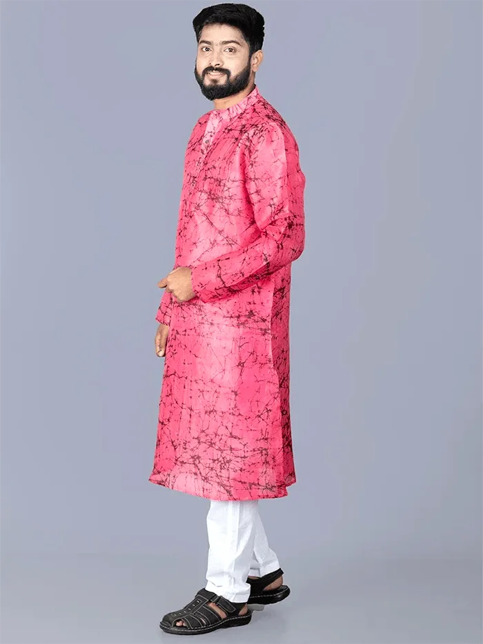 Pink Batik Printed Pure Silk Men Kurta