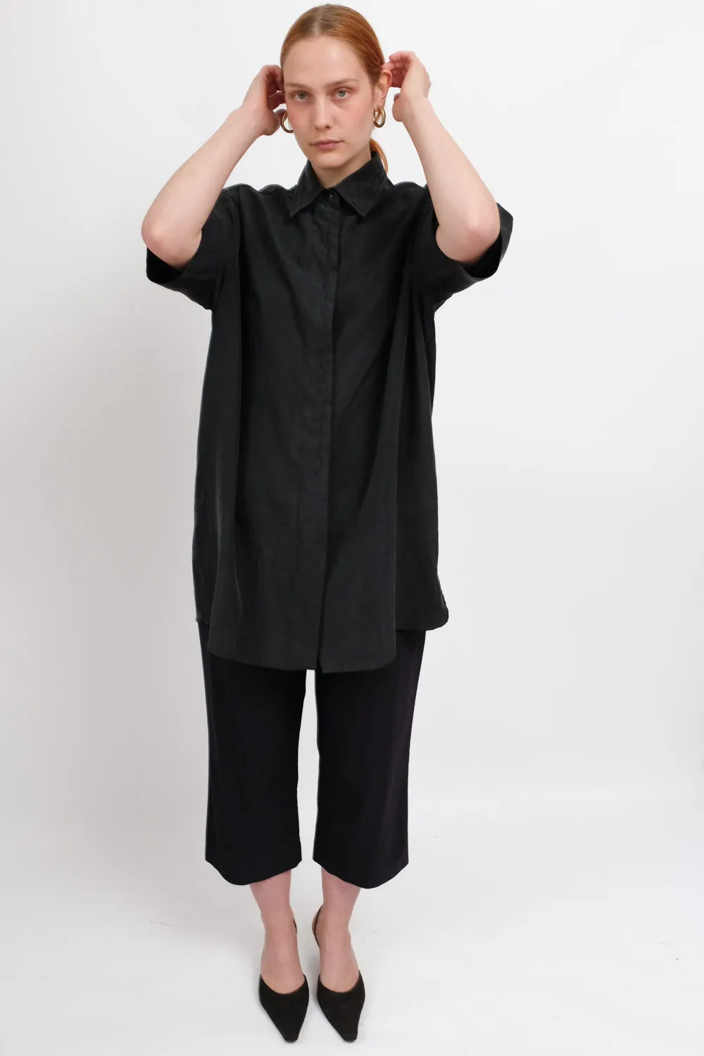 PURE SILK BLACK SHORT ARM SHIRT