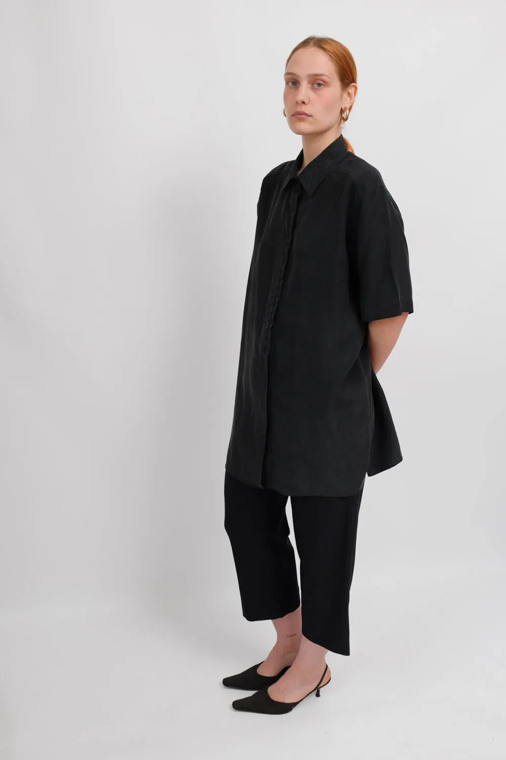 PURE SILK BLACK SHORT ARM SHIRT