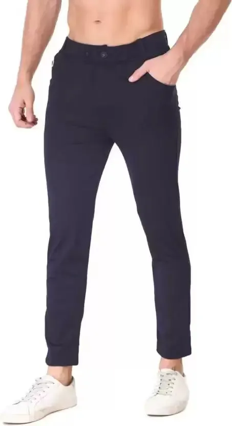 Regular Fit Men Dark Blue Lycra Blend Trousers