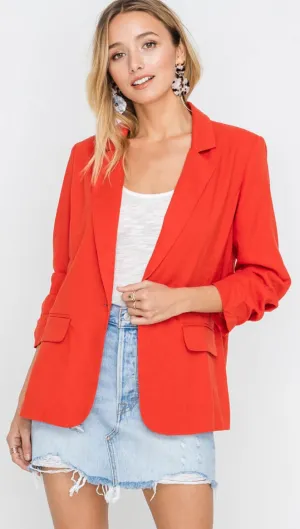 Resort Boss Ruched Sleeve Linen Blazer Red